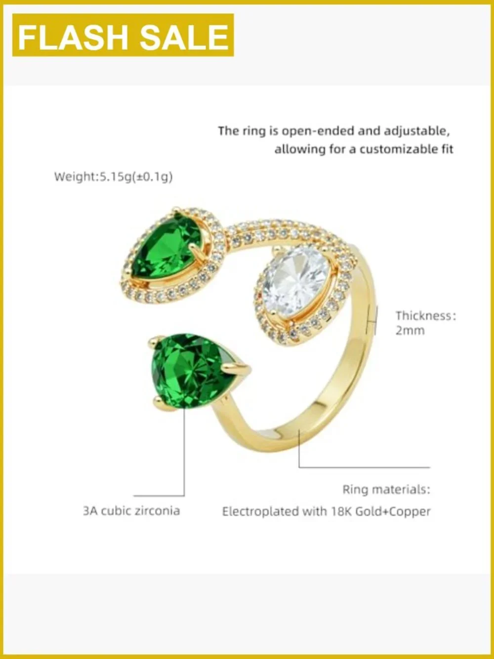 18K Gold Plated Pear-Shaped Statement Ring, Adjustable CZ Ring, Non-Tarnish